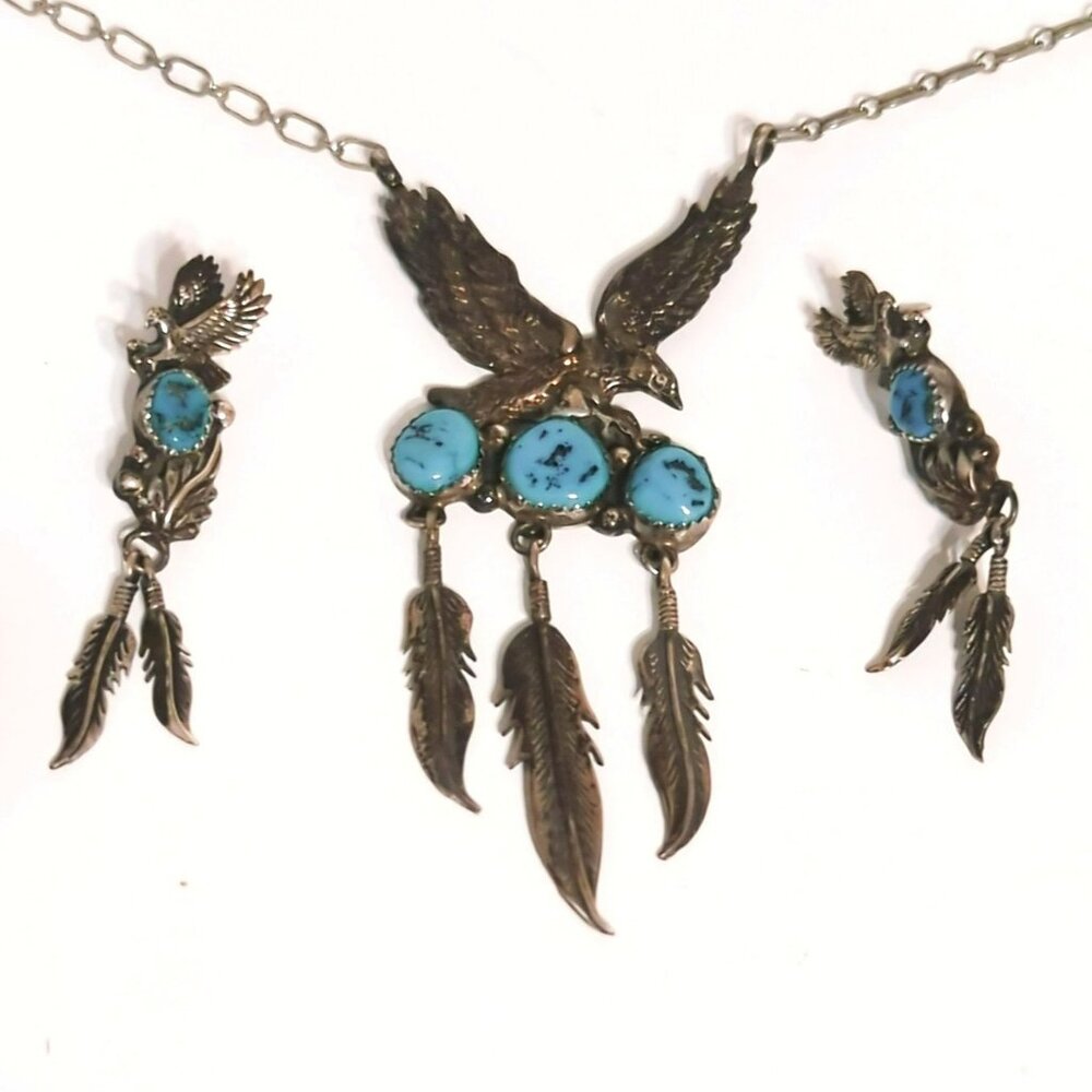 Navajo Sterling Silver Turquoise Eagle Necklace & Earrings Set RB Richard Begay